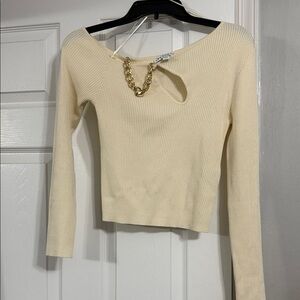 Off-the-Shoulder Cream Sweater with Chain Detail